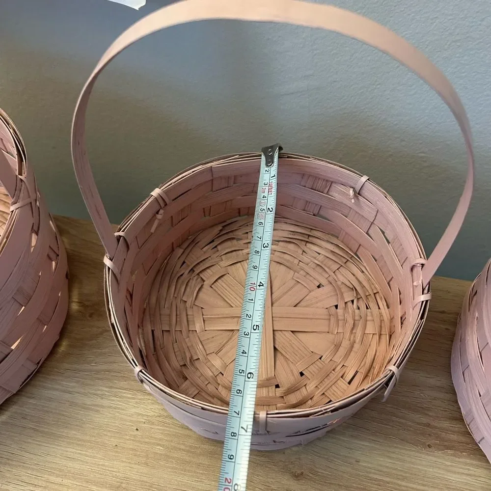 Set of 3 Pink Woven Picnic Baskets with Handles